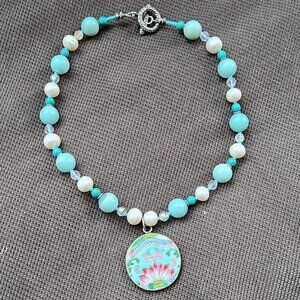 Etsy Hand Painted Pastel Floral Medallion Beaded Necklace